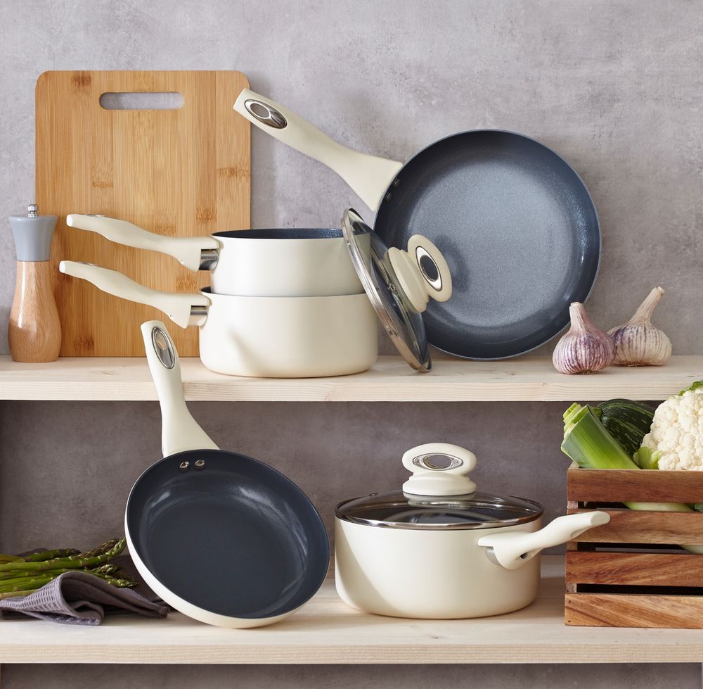 Cermalon Cream 5 Piece Cookware Set - Complete Pan Set with Tempered Glass Lids and Non-Stick Coating