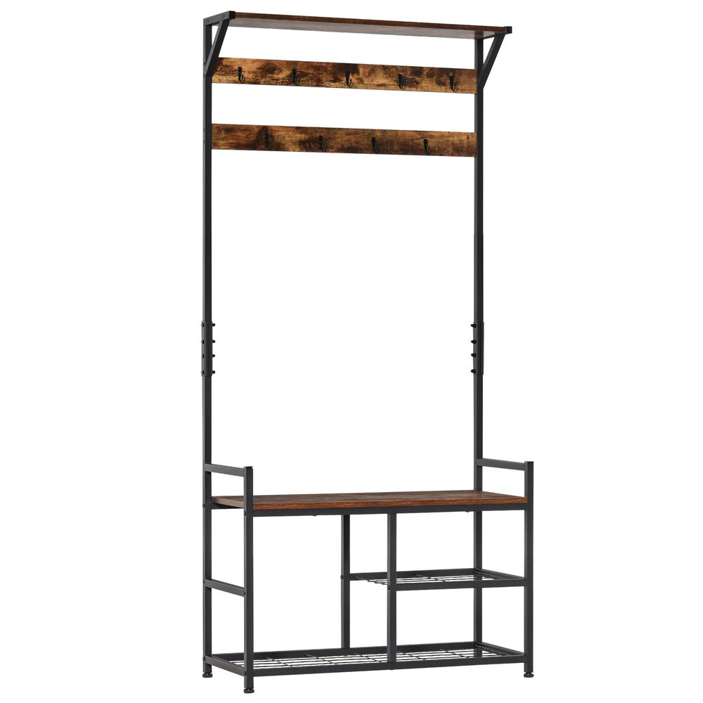 HOMCOM Coat Rack Stand Shoe Storage Bench with 9 Hooks Shelves for Bedroom Living Room Entryway Brown and Black 180cm