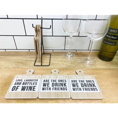 Set of Six Wine Slogan Coasters On Metal Stand