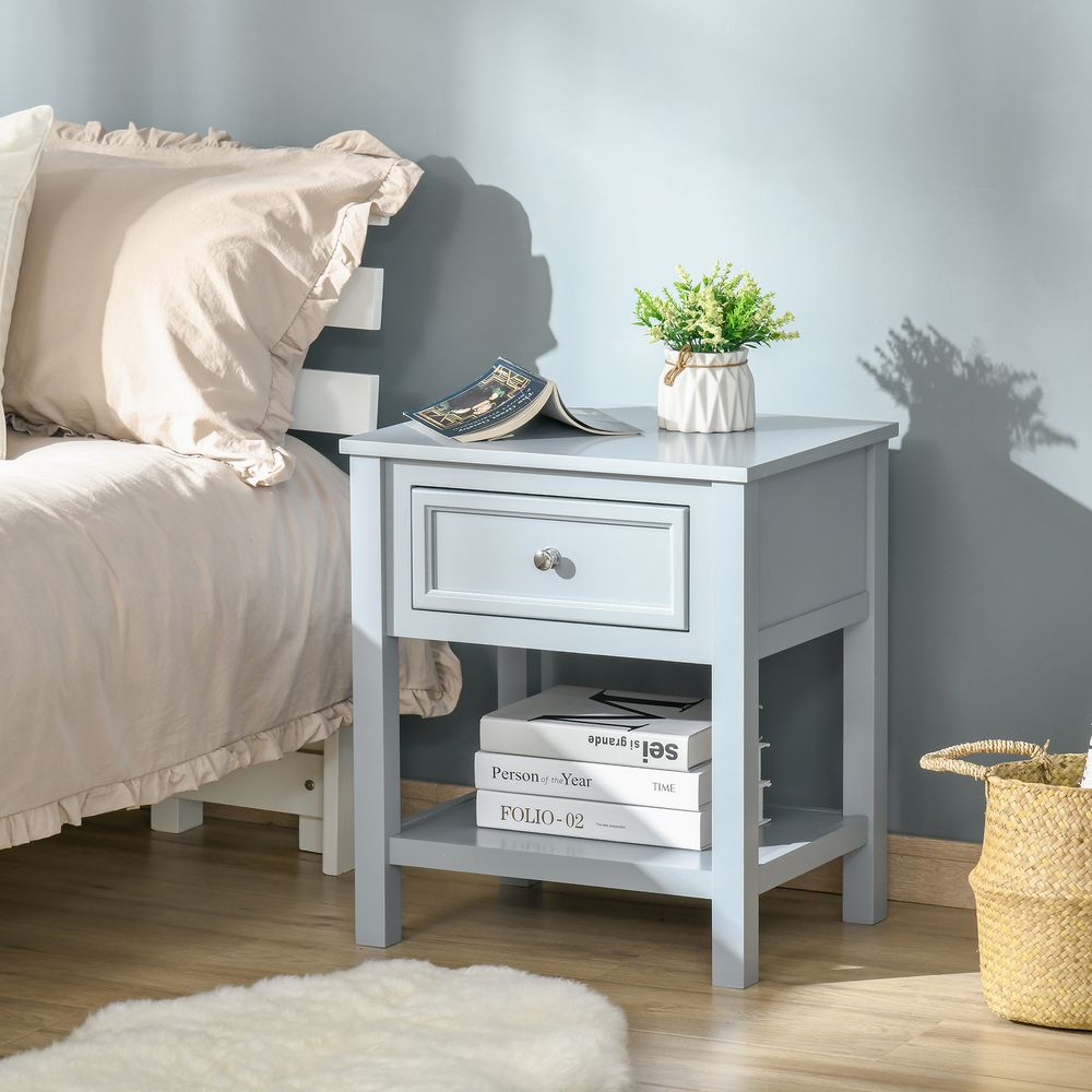 HOMCOM Bedside End Table Nightstand w/Drawer Open Shelf Table Top Metal Handle Classic Home Stylish Furniture Grey