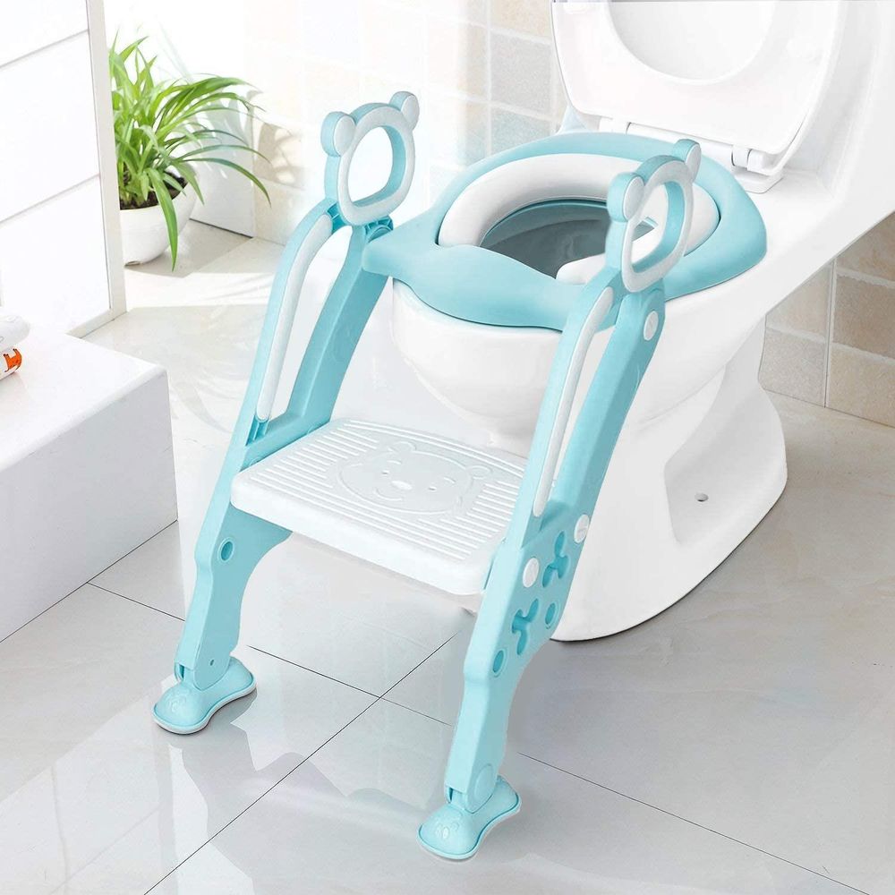KEPLIN Toddler Toilet Training Seat Ladder - Sturdy, Non-Slip, Soft Cushion - Easy Assembly - Ages 1-7 (Blue)