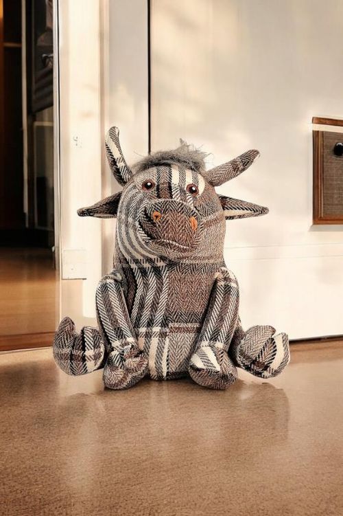 Grey Fabric Tartan Bull Doorstop 30cm