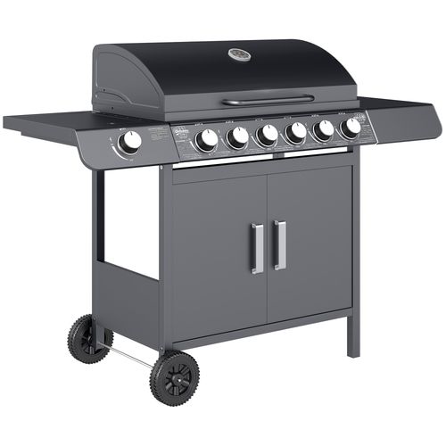 Outsunny 6+1 Burner Gas BBQ Grill Garden Barbecue with Wheels, Cabinet Grey