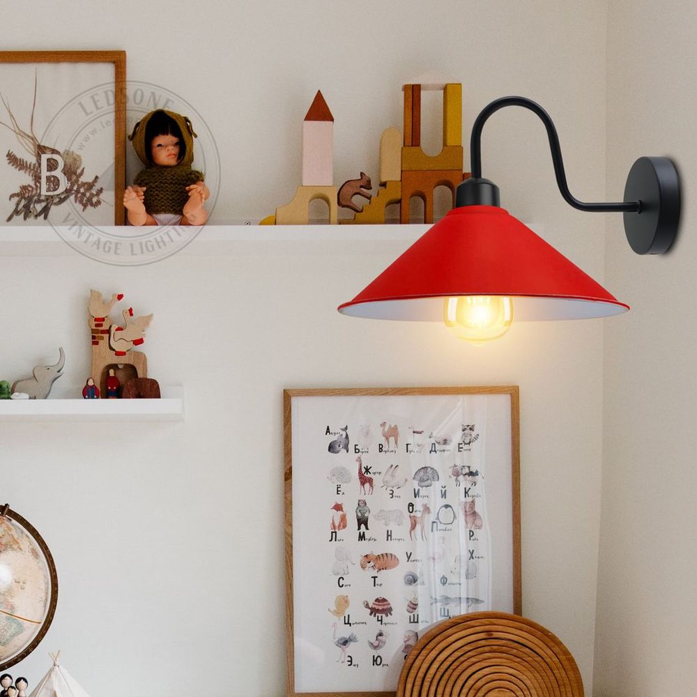 Vintage Wall Light Fixture, Red/Black Wall Sconce, E27 Base Socket, Swan Neck Cone Shade, 110-240V, CE/RoHS Certified