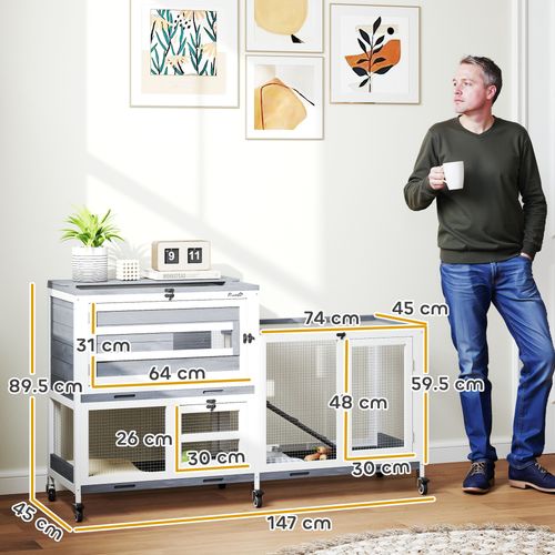 PawHut 2 Tier Rabbit Hutch with Run, Wheels, 2 Openable Top, 3 Plastic Trays