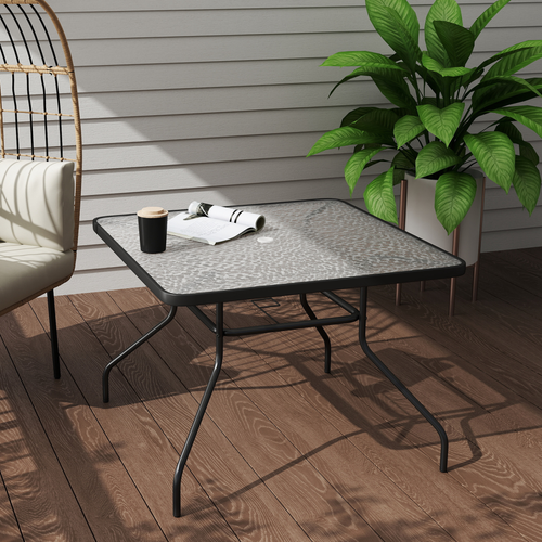 Outsunny Square Patio Table, Glass Top Garden Dining Table
