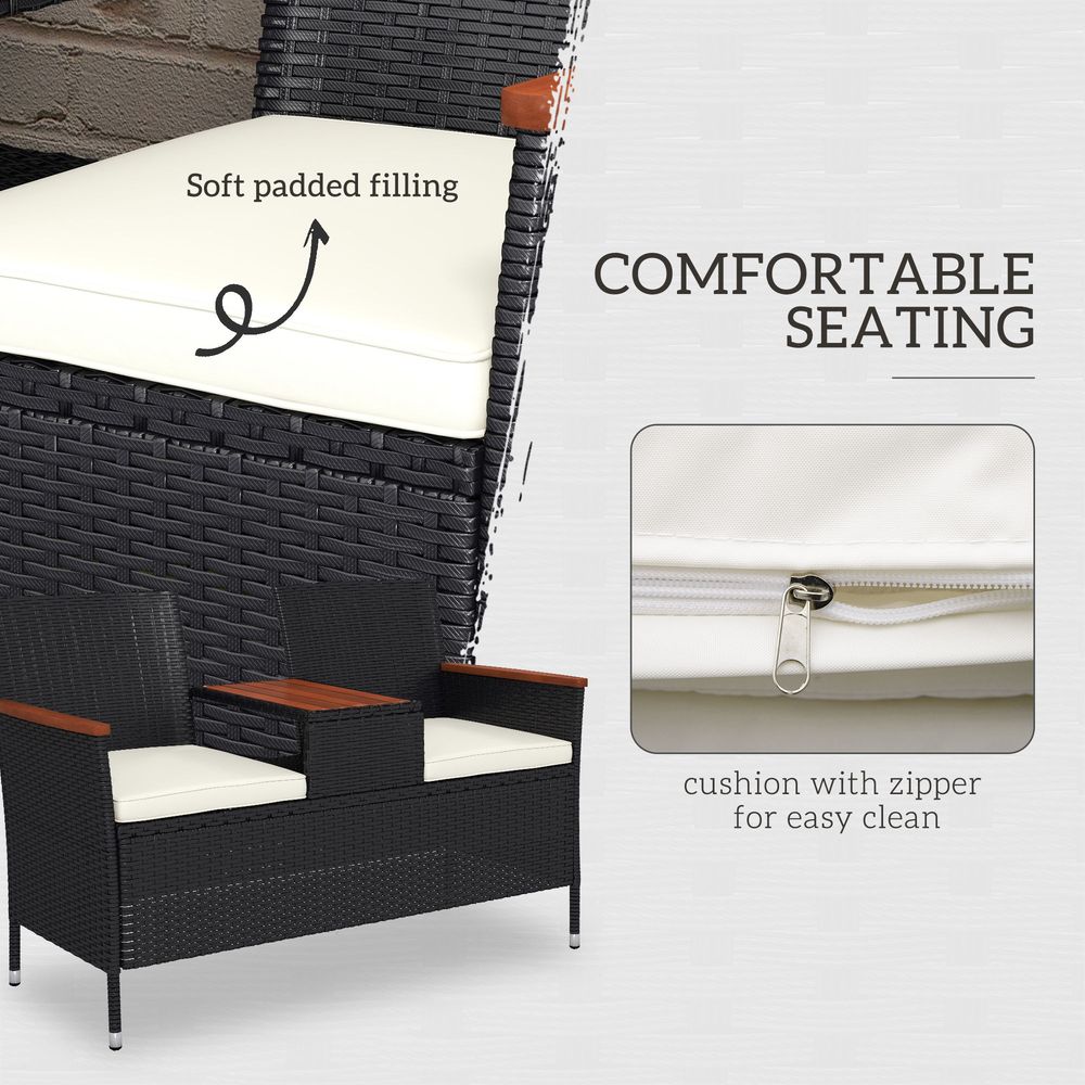 Outsunny Rattan Garden Bench - Wood Top Table - Wicker Chair - Cushions - Outdoor Furniture