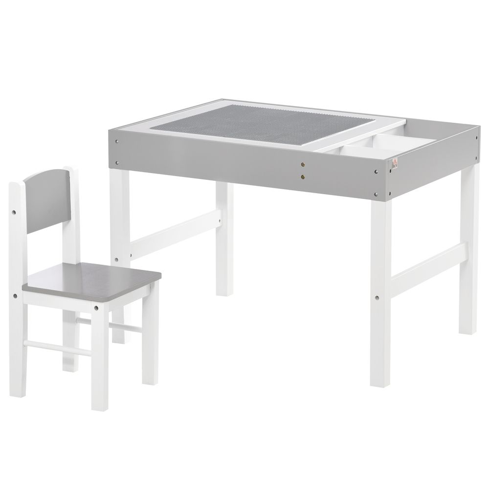 HOMCOM 2 in 1 kids Table and Chair Set, Children Activity Play Table for Bricks Toddler Furniture with Storage Space, Grey