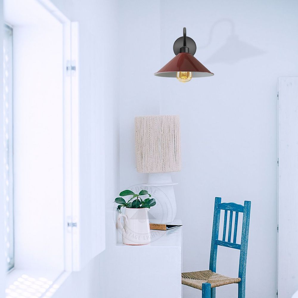 Burgandy Wall Light Fixture, Vintage Metal Cone Shape Shade, E27 Base, Dimmable, Indoor Lighting