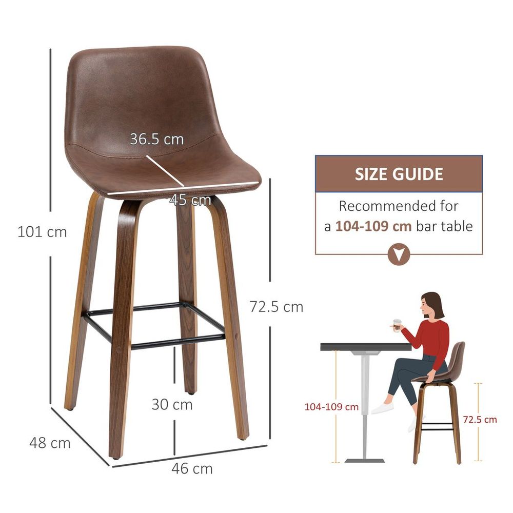 Premium Mid-Back Bar Stools - Set of 2 | Brown PU Leather | Wood Legs | Adjustable Feet
