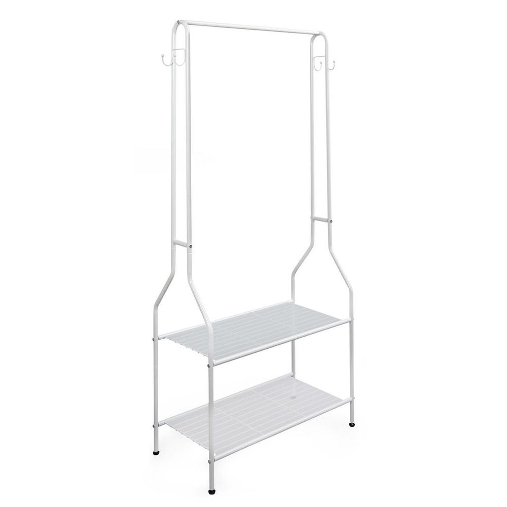 White Clothes Rail: Space Saving Storage with 2 Shelves, Hooks. Sturdy Steel Design, Elegant Style. Perfect for Any Room. 150cm