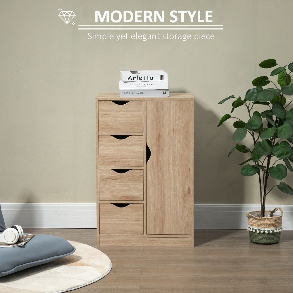 HOMCOM Bathroom Cabinet - 4 Drawers & Door Cupboard - Natural