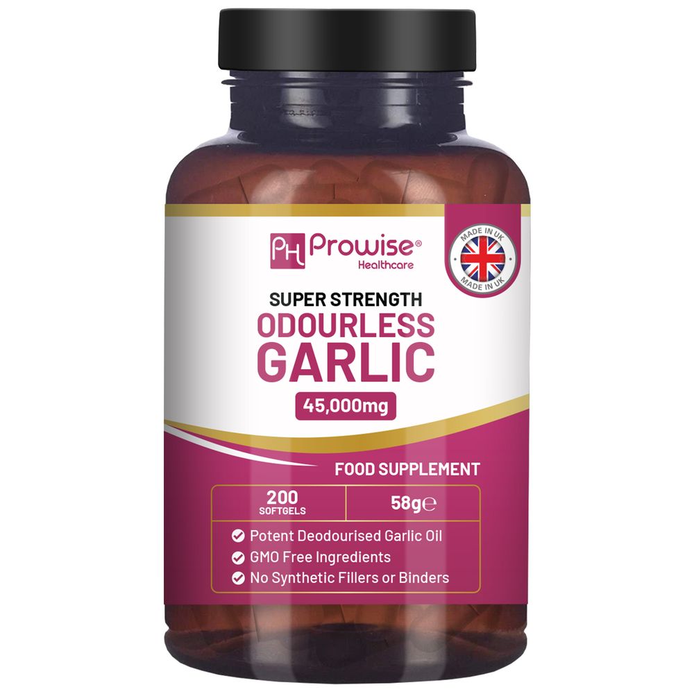 Odourless Garlic Capsules | 45,000mg per softgel | 200 softgels (not Tablets) Super High Strength | Cold Pressed and Deodourised Premium Garlic Oil Extract from Allium Sativum