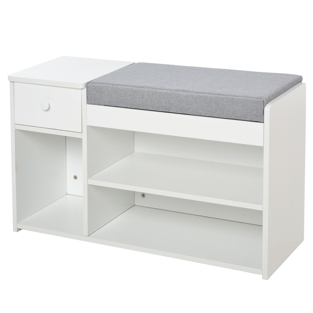 HOMCOM Multi-Storage Shoe Bench w/Drawer 3 Compartments Cushioned Home Organisation Furniture Tidy Boots Hallway Entryway White