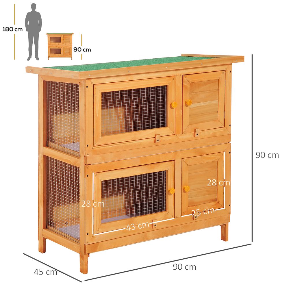 PawHut 2-Tier Double Decker Wooden Rabbit Hutch Pet Cage Guinea Pig Hutch with Sliding Tray Opening Top