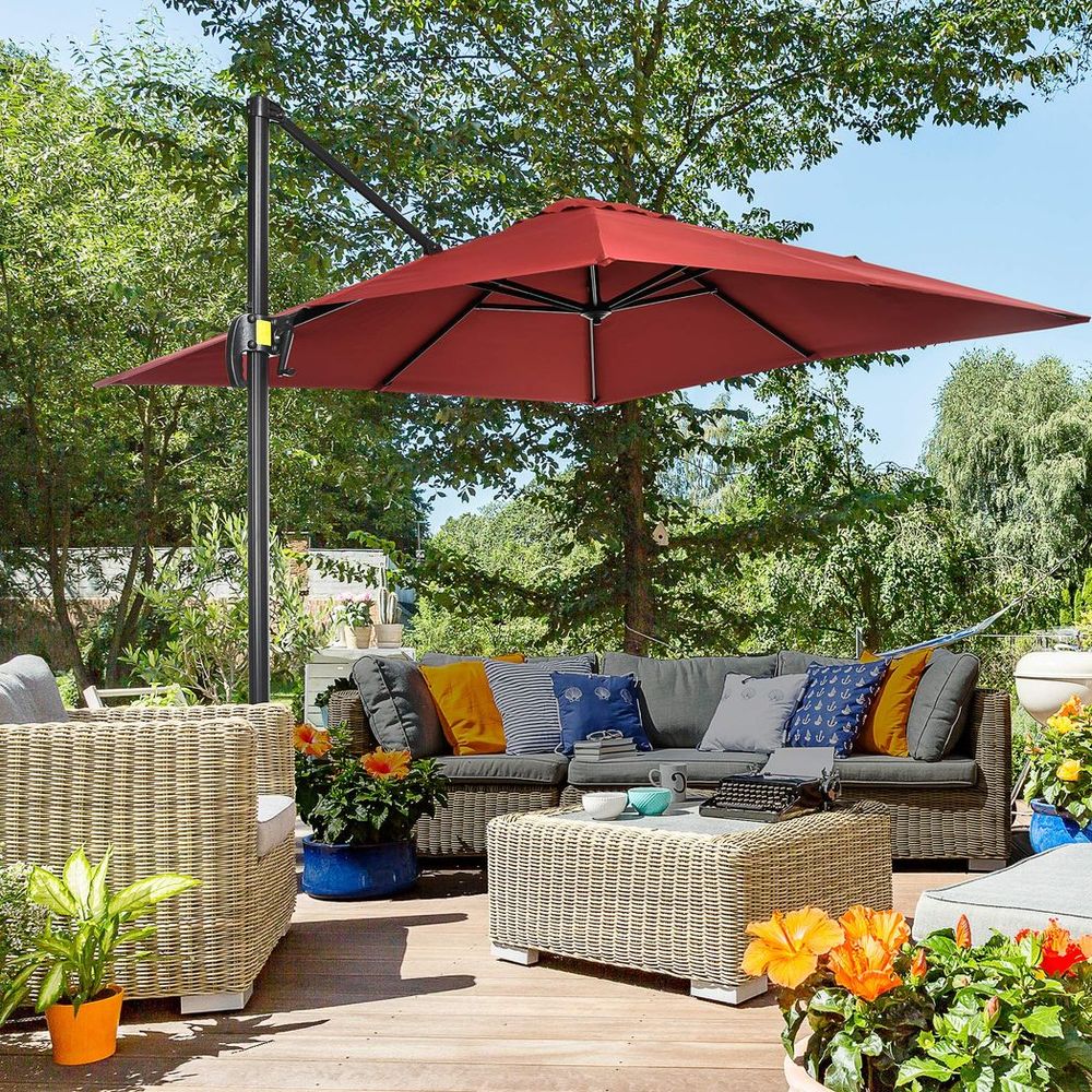 Outsunny Square Cantilever Roma Parasol 360? Rotation, Wine Red. Reliable protection from harmful UV rays. Perfect for all-day relaxation.