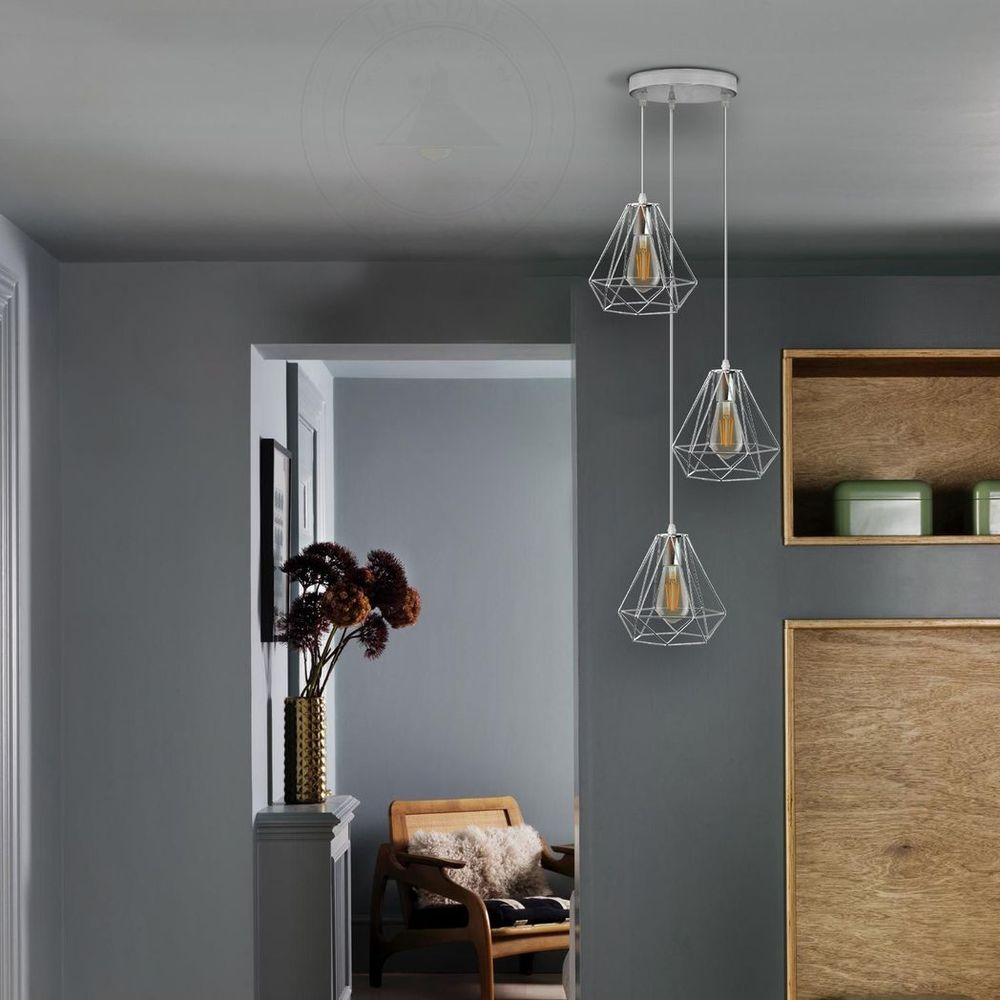 3 Head Round Base Chrome Vintage Metal 20cm Diamond Wire Cage E27 Base Ceiling Pendant Light Fitting