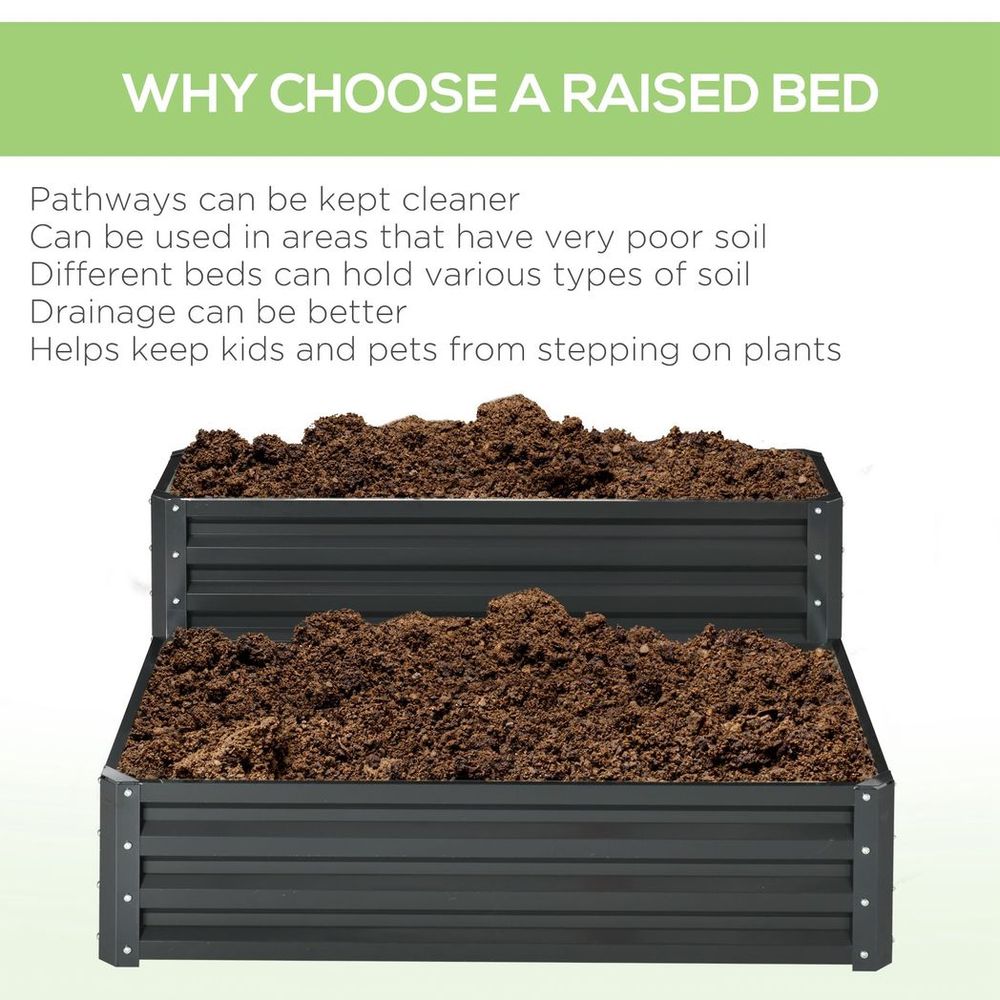 Outsunny Galvanised Raised Garden Bed - 2 Tier, Dark Grey - Open Bottom - High Quality