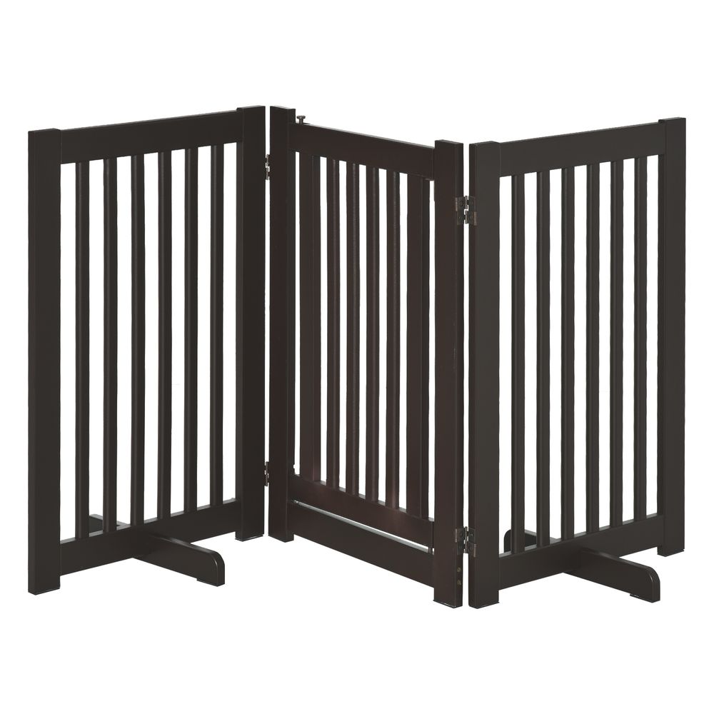 PawHut Freestanding Dog Gate Wood Doorway Safety Pet Barrier Fence Foldable w/Latch Support Feet Deep Brown, 155 x 76 cm