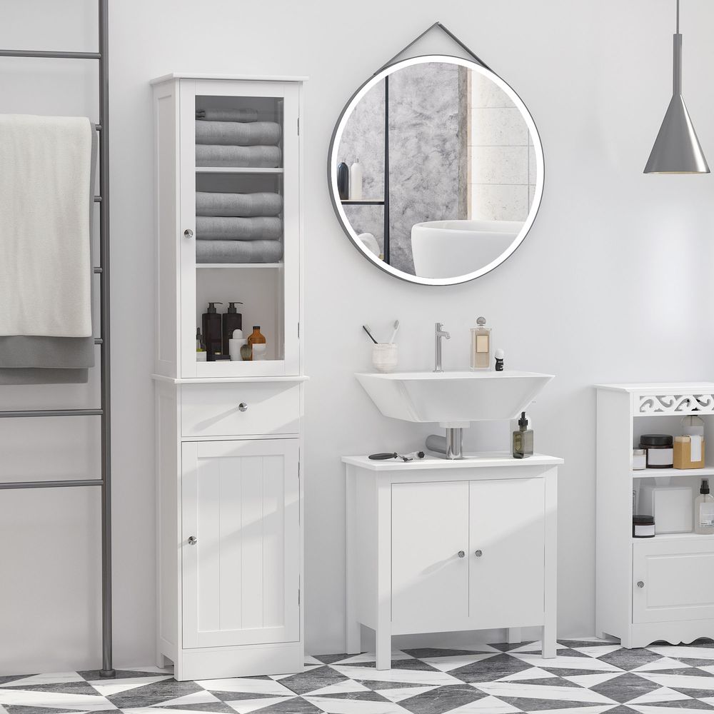 Bathroom Storage Cabinet: 3-tier Shelf, Glass Door, White