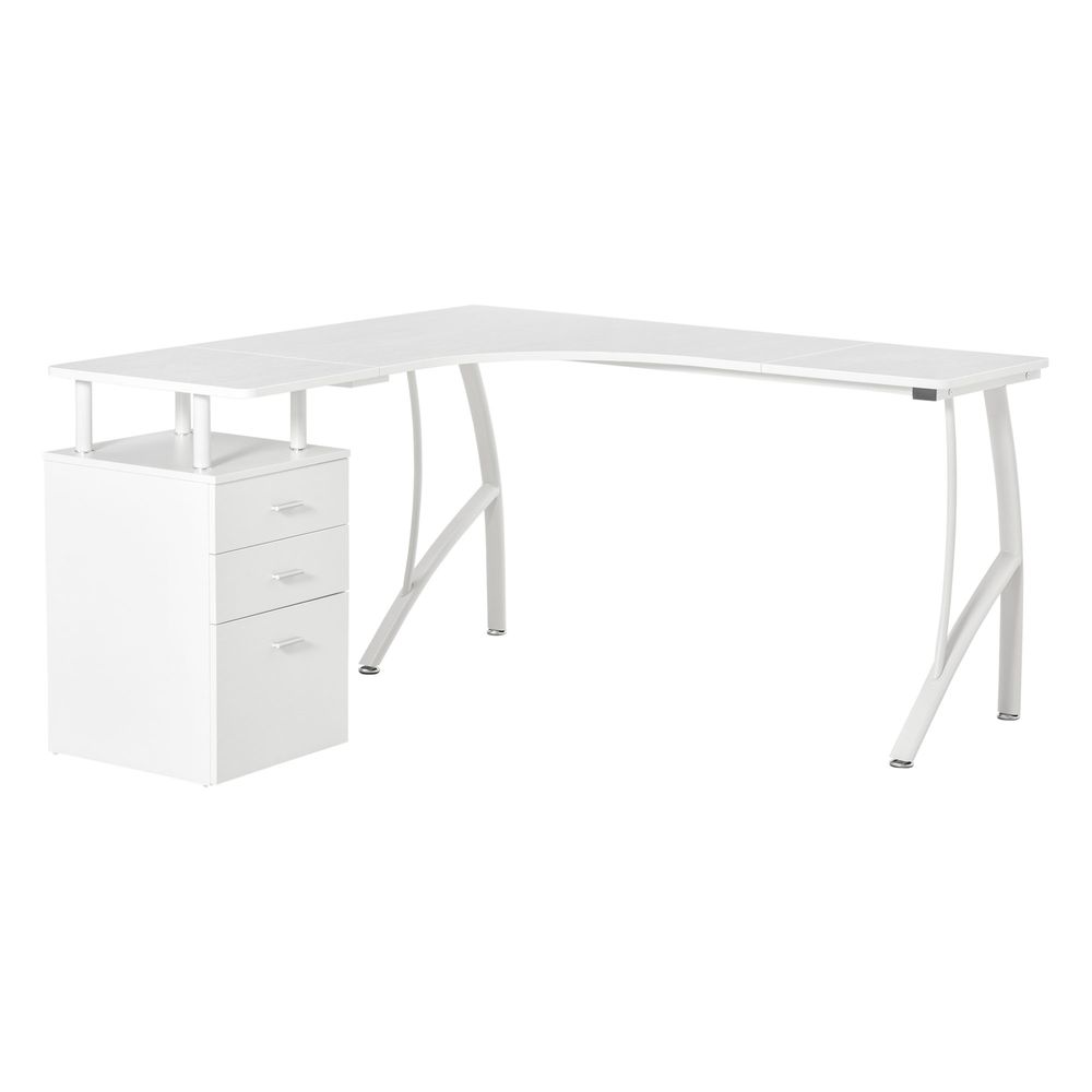 HOMCOM L-Shaped Computer Desk Table with Storage Drawer Home Office Corner Industrial Style Workstation for A4 Files 143.5 x 143.5 x 76cm, White