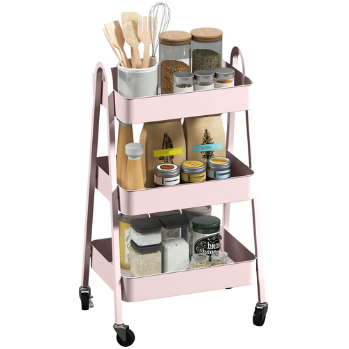 HOMCOM 3-Tier Rolling Utility Cart Kitchen Storage Trolley on Wheels Pink