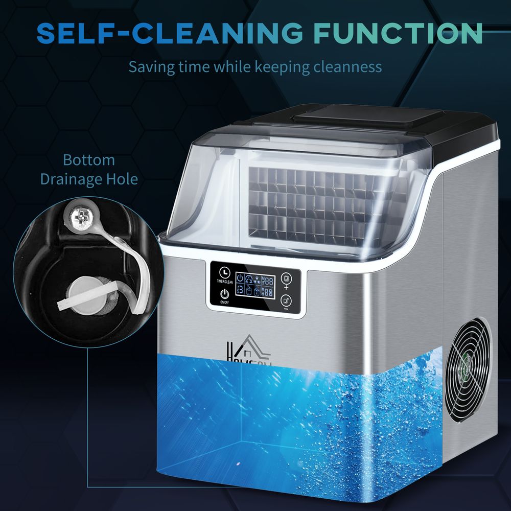 HOMCOM Ice Maker Machine Countertop, Stainless Steel Portable Ice Cube Maker, 2 Ways to Add Water, 24kg/Day, 24 Pcs Ready in 14 Mins, Self-Cleaning with Scoop & Basket, 3.2L, for Home Office, Silver