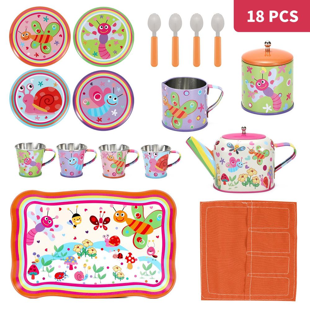 SOKA Bug Tin Tea Set - 18pc Kids Toy Tea Party Set with Colorful Illustrations - Includes Matching Car