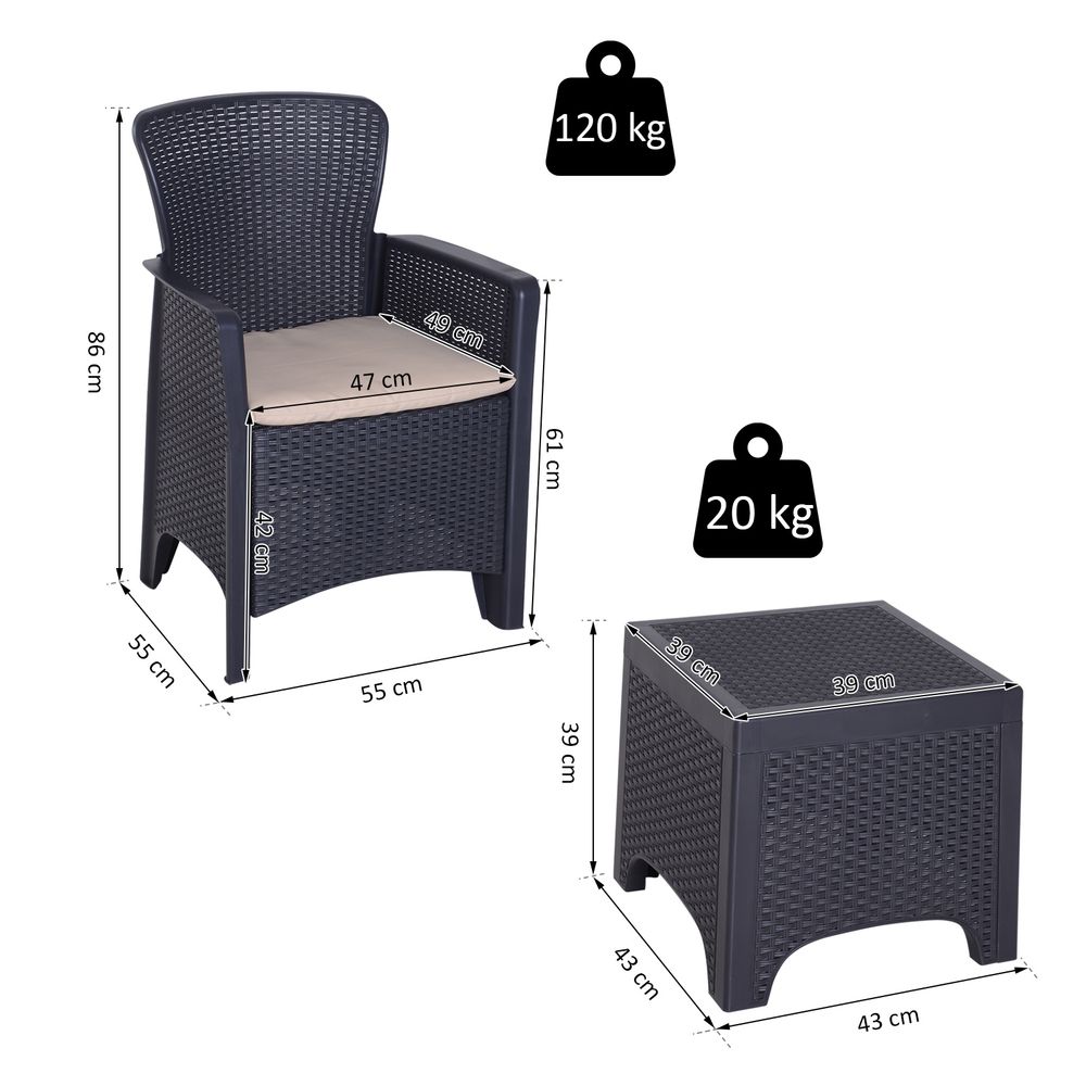 High Load Patio Coffee Set | 3-PCS Rattan Chair, Table & Cushion | Garden Gathering Furniture