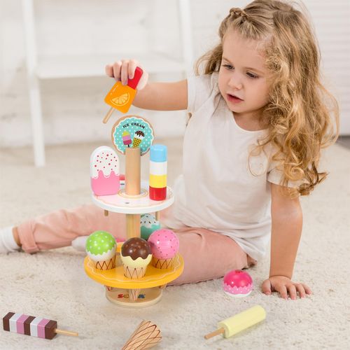 SOKA Wooden 21 Pieces Ice Cream Stand Popsicle Collection Pretend Role Play Set Game Colourful Variety Lolly Shop Food Stand Toy Set for Kids Children Girl Ages 3 year old +