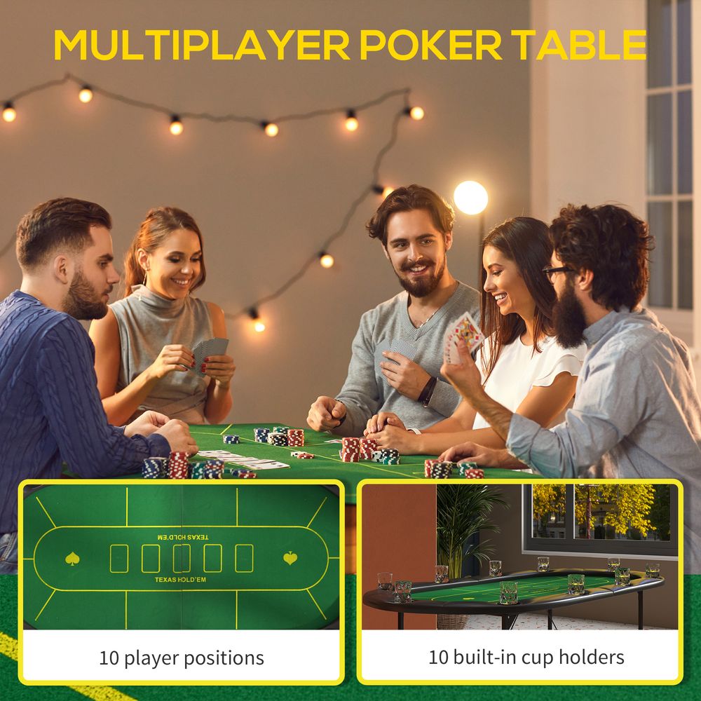 FOLDABLE Poker Mat, 10-Player Table Top w/ Cup Holders, Carry Bag - Professional Quality