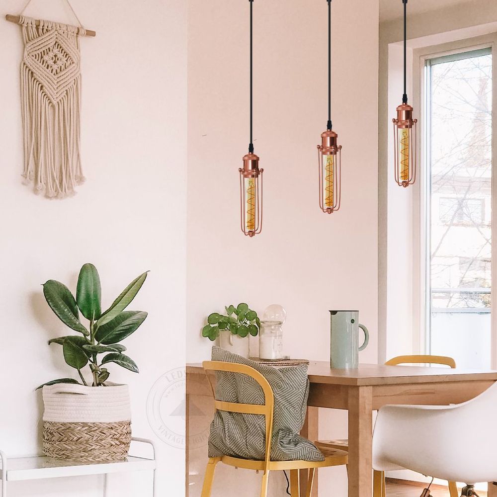 Vintage Industrial Style 3 Head Pendant Light with Wire Cage - Rose Gold Ceiling Lighting Fixture