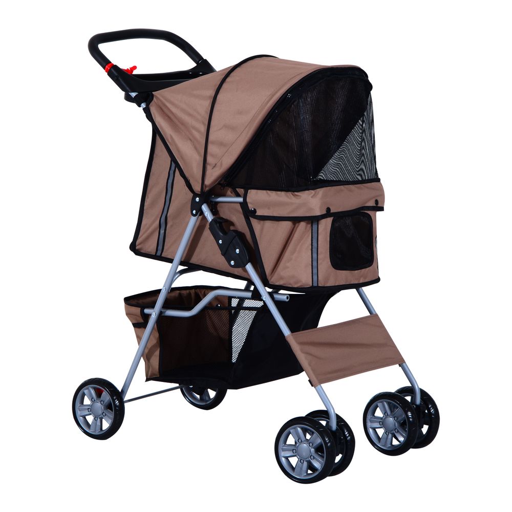 PawHut Pet Stroller for Small Miniature Dogs Cats Foldable Travel Carriage with Wheels Zipper Entry Cup Holder Storage Basket Brown