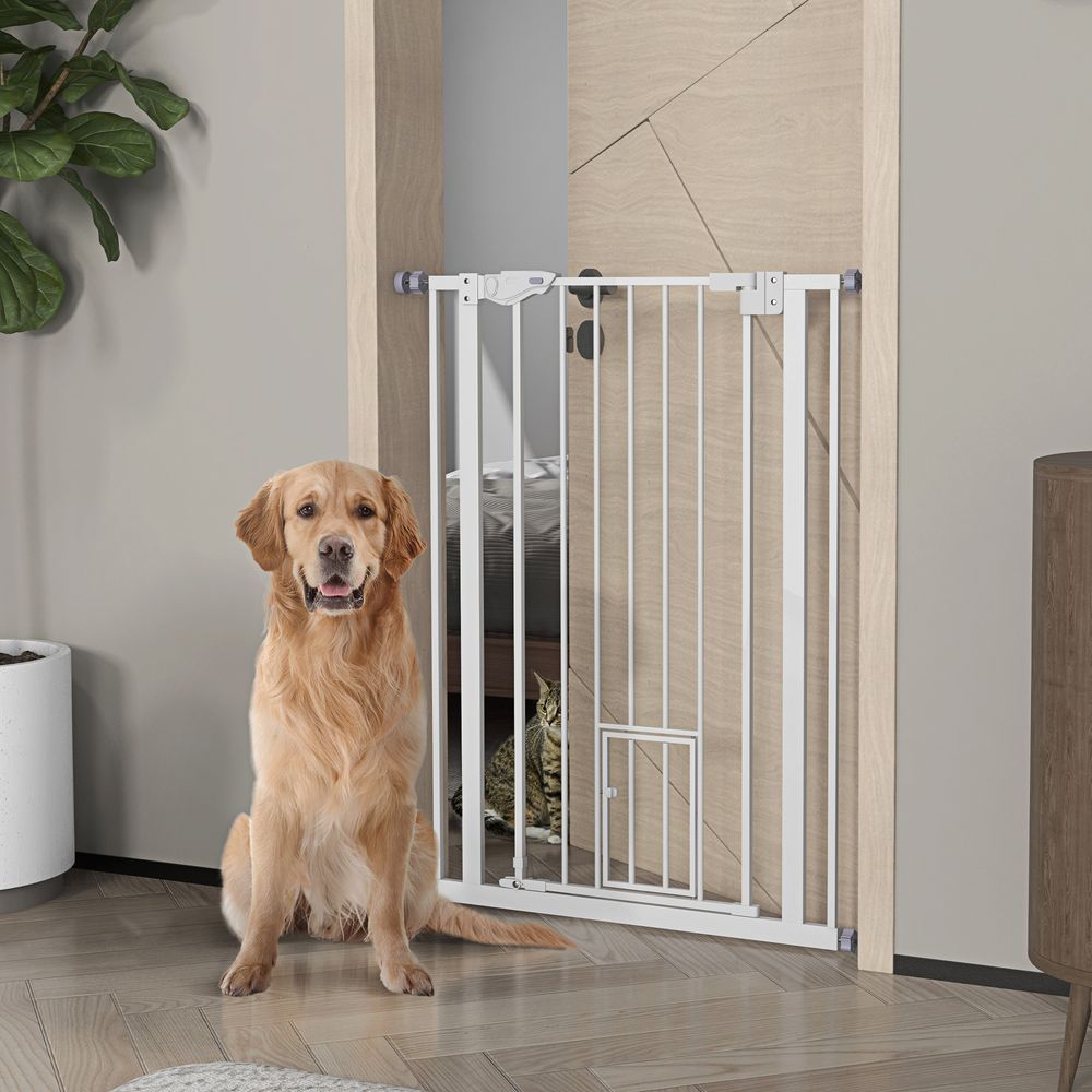 PawHut Extra Tall Dog Gate with Cat Door Auto Close for Stairs 74-101 cm Wide