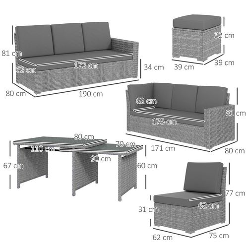 Outsunny 10-Seater Sofa Sectional w/ Cushioned Seat, Footstools and Glass Table