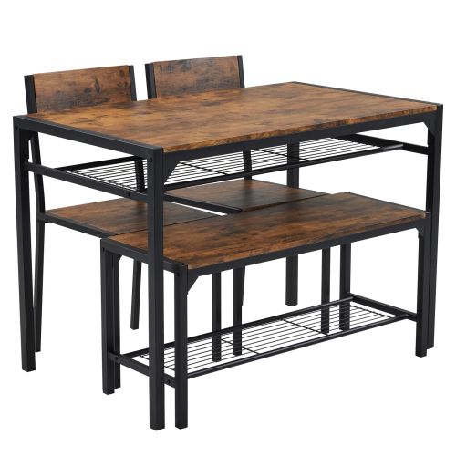 Dining Table Set for 4, Kitchen Table with 2 Chairs and a Bench, 4 Piece Kitchen Table Set for Small Space, Home Kitchen Bar Pub Apartment, Rustic Brown
