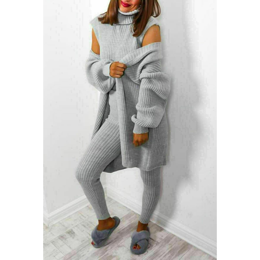 Ladies 3 Piece Suit Roll Neck Chunky Knitted Ribbed Tracksuit Lounge Set