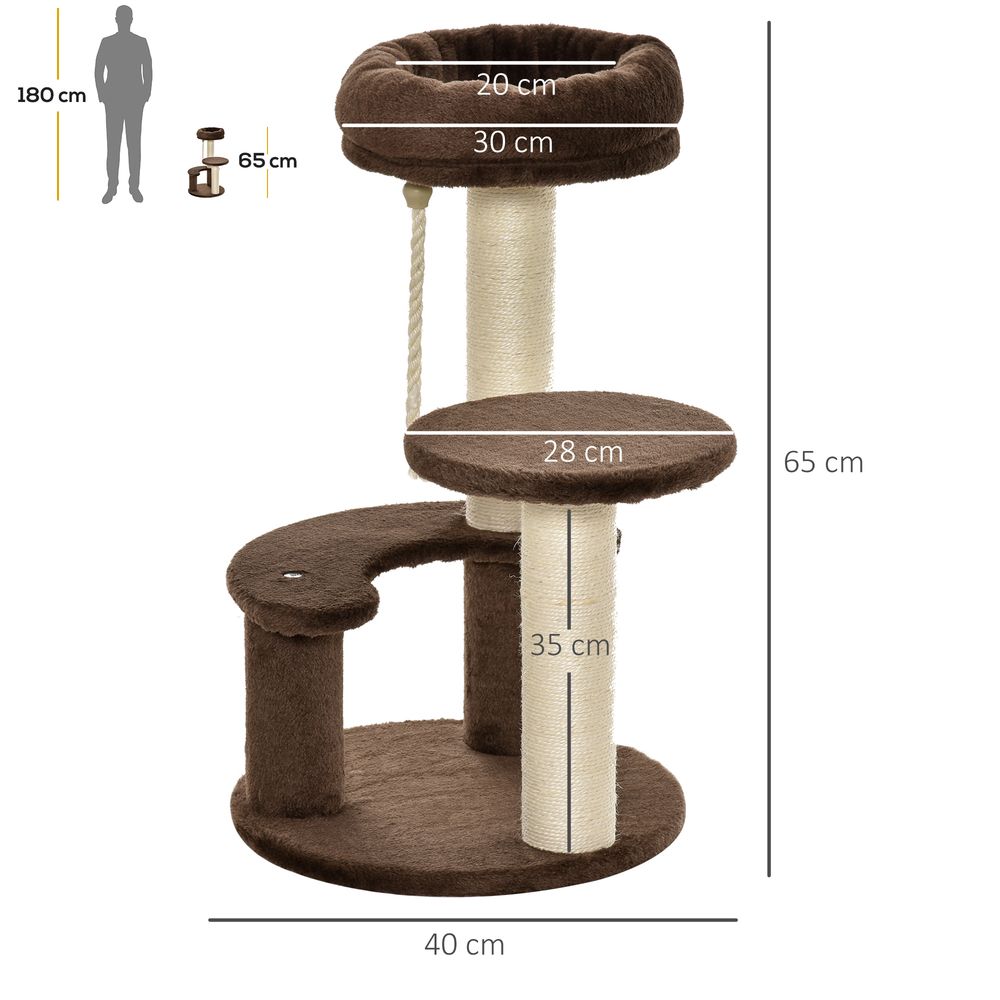 PawHut 65 cm Cat Tree for Indoor Cats Kitty Scratcher Kitten Activity Center Scratching Post Playhouse 2 Perch w/ Hanging Sisal Rope Brown