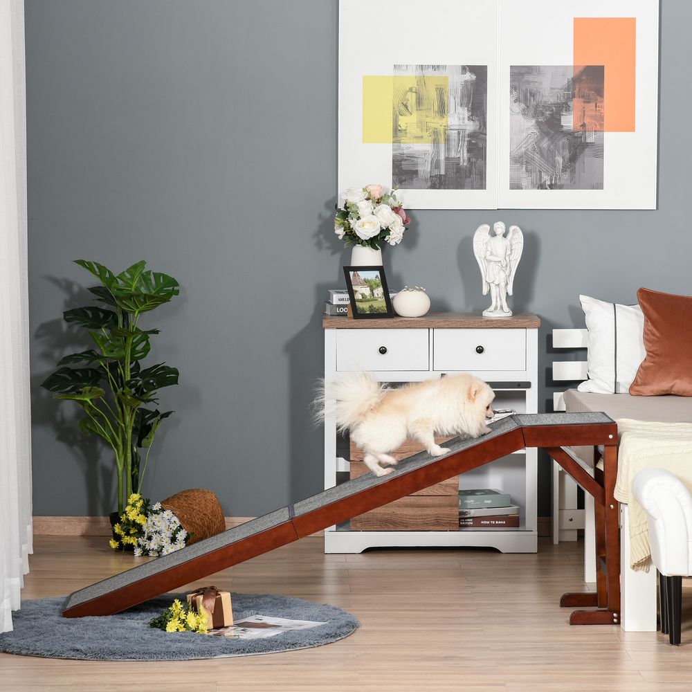 PawHut Pet Ramp for Dogs Cats Non-Slip Carpet Top Platform - Brown & Grey