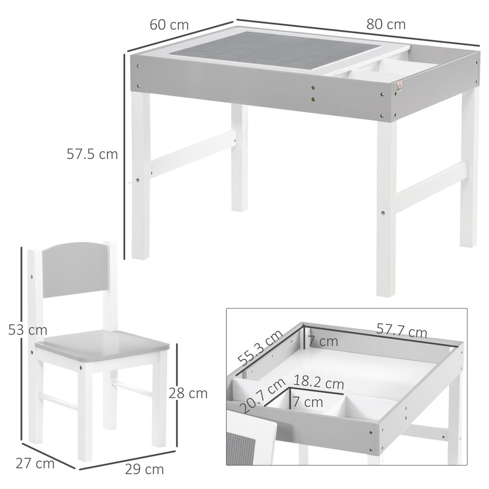 HOMCOM 2 in 1 kids Table and Chair Set, Children Activity Play Table for Bricks Toddler Furniture with Storage Space, Grey