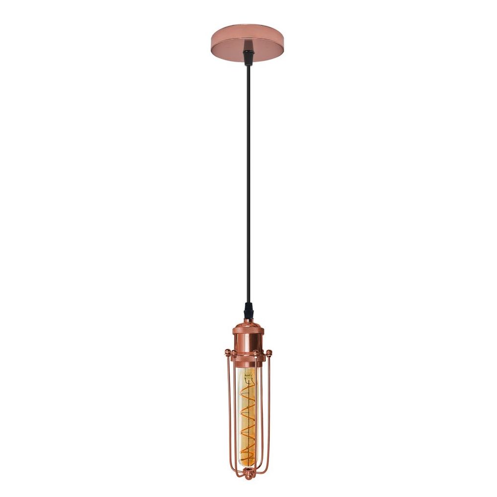 Vintage Metal Cage Pendant Light - Single Rose Gold Ceiling E27 Lamp Fixture for Home, Office, Cafe - Adjustable Wire Length