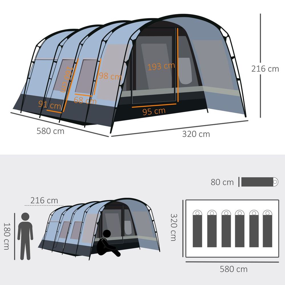 Premium 8-Person Camping Tent with Tunnel Design, 4 Large Windows, Dark Grey