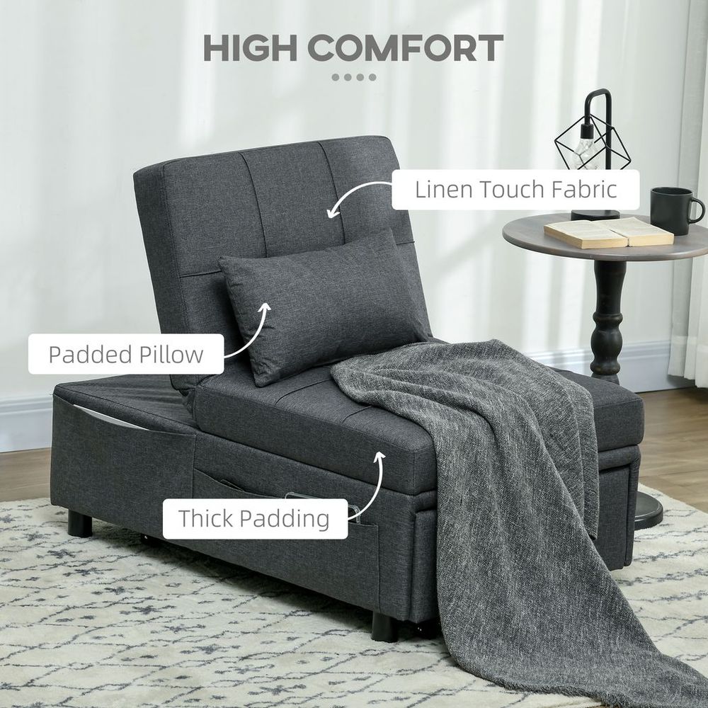 HOMCOM Folding Sofa Bed Adjustable Single Sleeper w/ Pillow Side Pocket, Grey