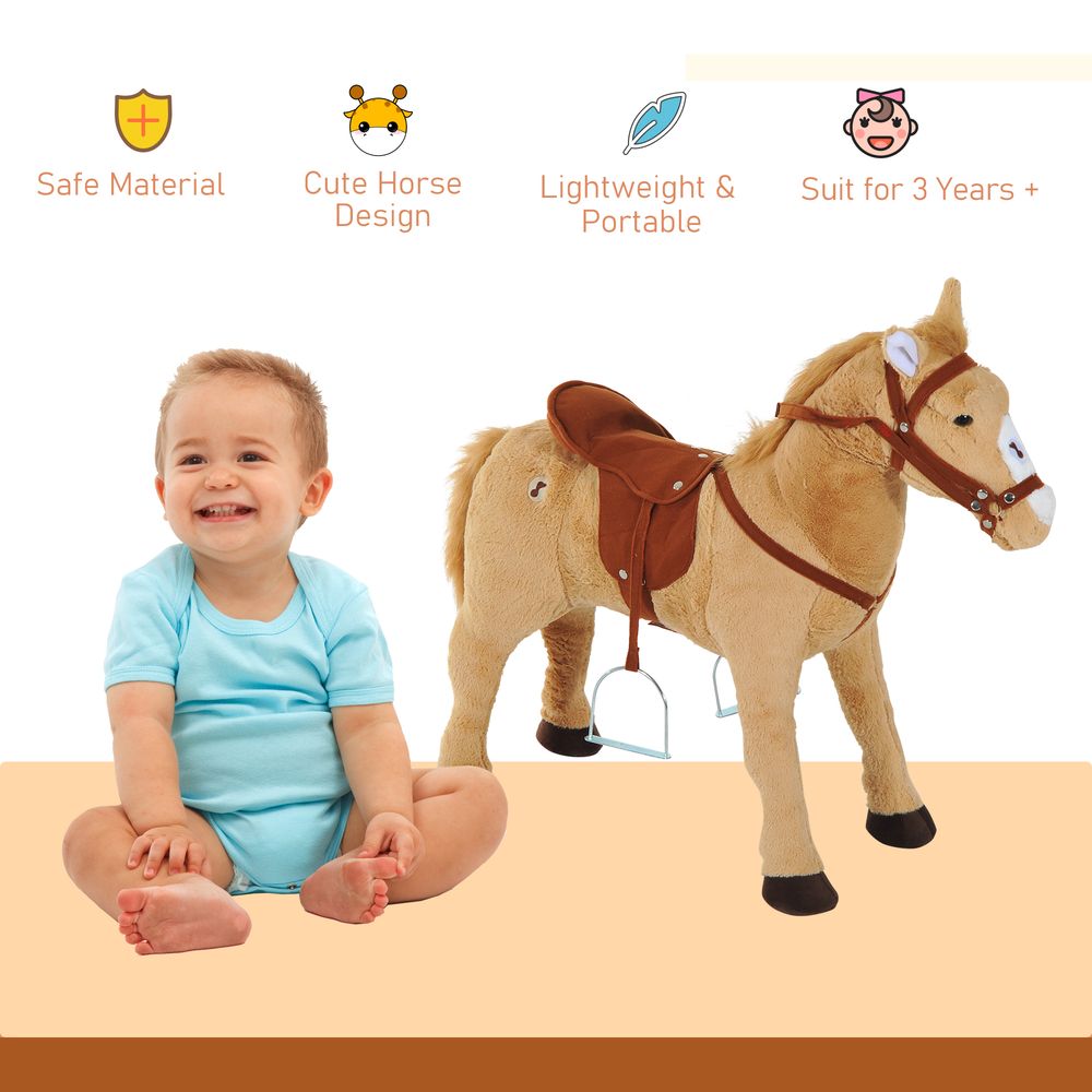 HOMCOM Kids Ride On Standing Horse Cuddly Toy Children Plush Soft Pony Gift w/Neigh Sound or 3 Years and Up Beige