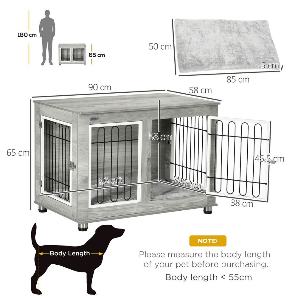 PawHut Dog Crate Furniture, Side End Table, Indoor Dog Kennel with Soft Washable Cushion, Wire Mesh, Large Top, for Medium and Large Dogs,90 x 58 x 65, Grey