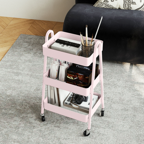 HOMCOM 3-Tier Rolling Utility Cart Kitchen Storage Trolley on Wheels Pink