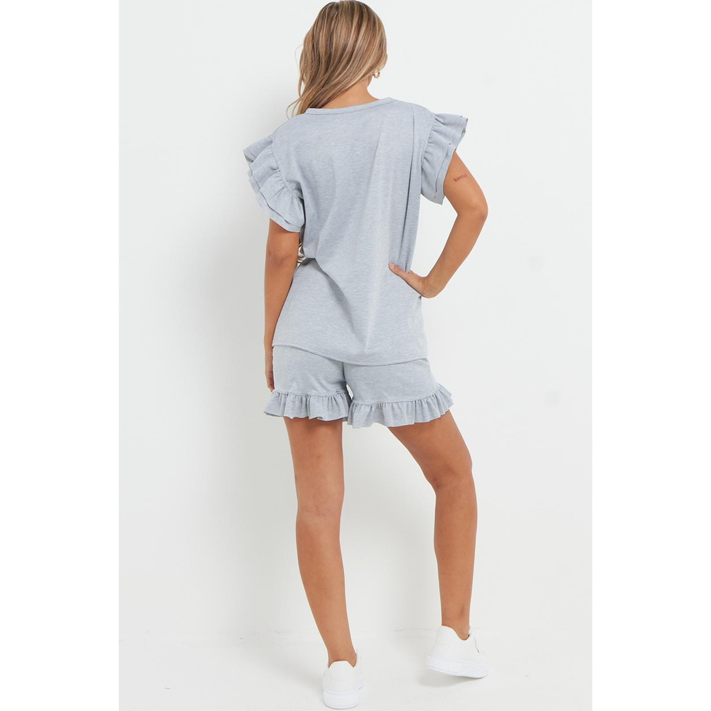 Ladies V Neck Frill Peplum Sleeve Top and Short 2 Piece Tracksuit Set