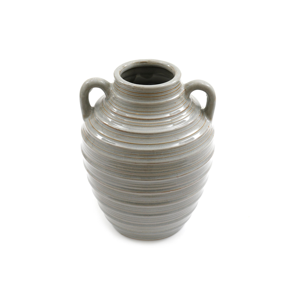 Ceramic Grey Ribbed Vase With Handles 25cm