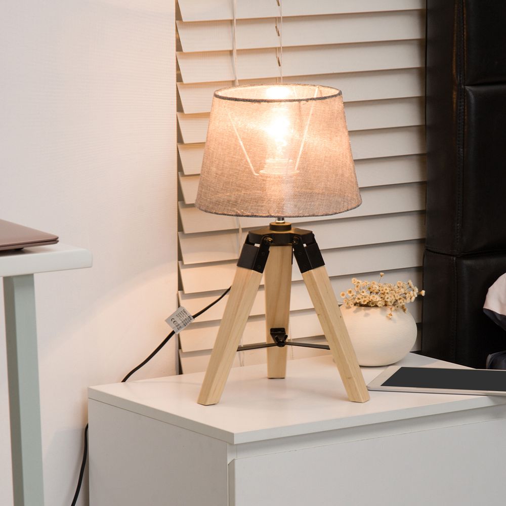 HOMCOM Wooden Tripod Table Lamp for Side, Desk or End Table with E27 Bulb Base (Grey Shade)