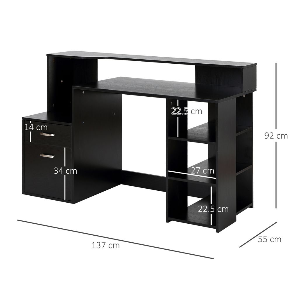 HOMCOM Computer Desk with Drawers and Storage Shelves, Reception Desk, Study Workstation for Home Office, 137 x 55 x 92cm, Black